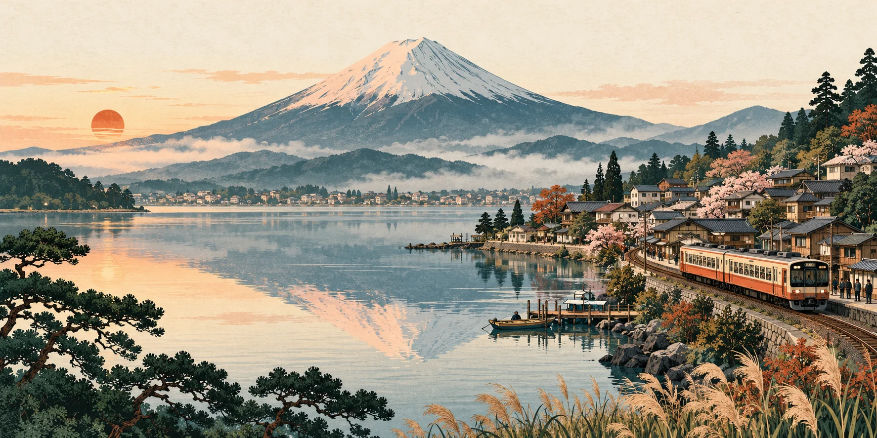 Original illustration of Mount Fuji above a lakeside town with a local train